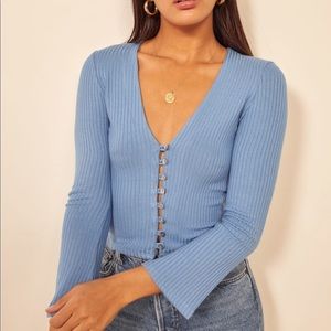 Reformation Gellar Top Long Sleeve Ribbed Button Down Top Parisian Blue